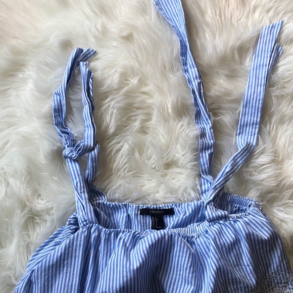 Forever21 blue white stripe seersucker tie bow strap crop tank top size small - Picture 4 of 6